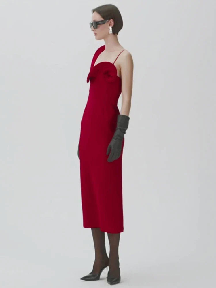 Red Ruffle Flower Strap Dress | Asymmetric Midi Evening Chic