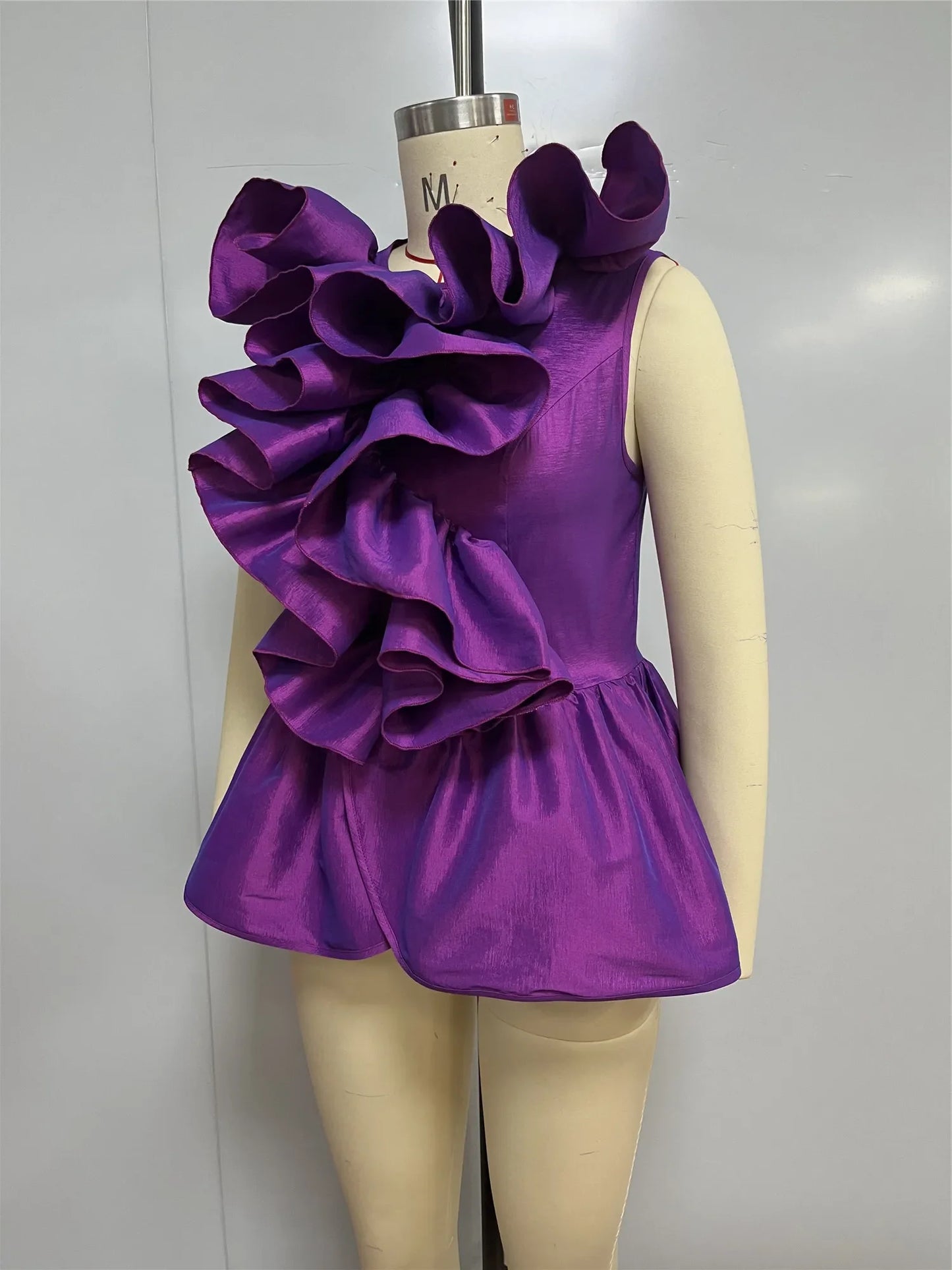 Purple 3D Ruffle Peplum Party Top – Sleeveless Elegant Blouse