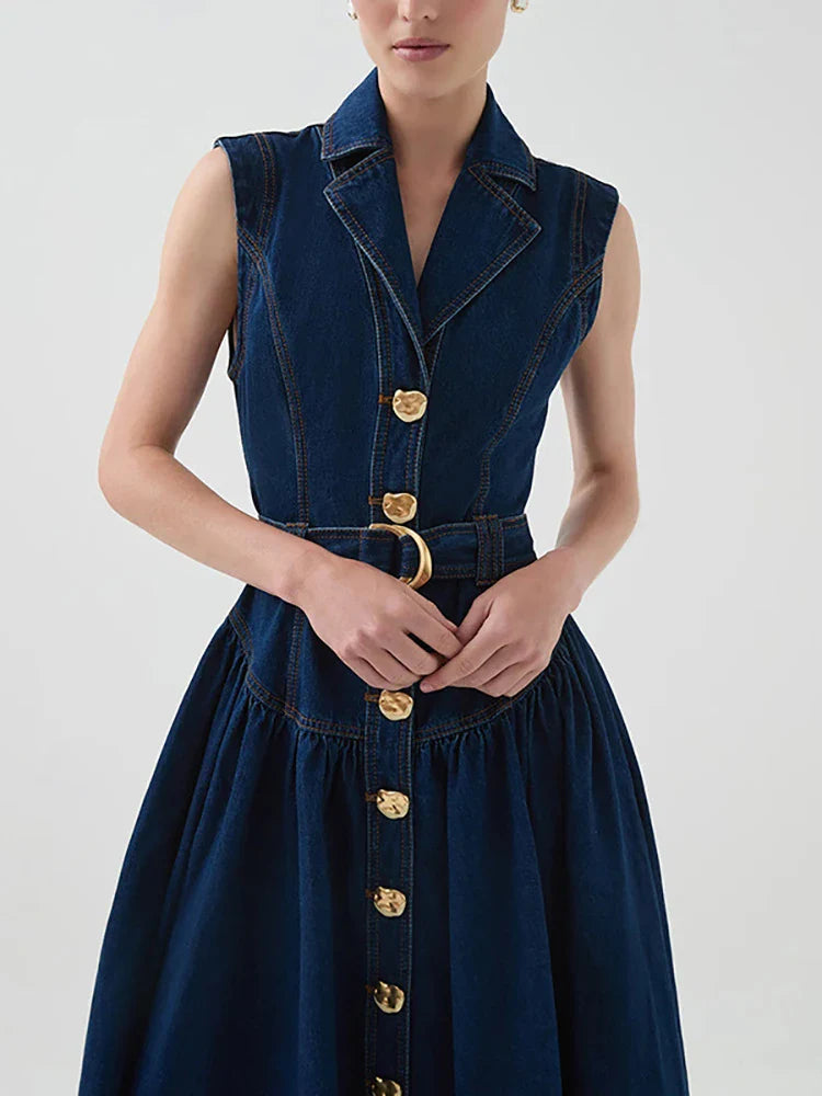 Sleeveless Navy Belted Midi Dress | Chic Gold Button Detail