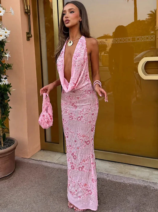 Sequin cowl neck pink maxi dress styled for party nights and elegant events