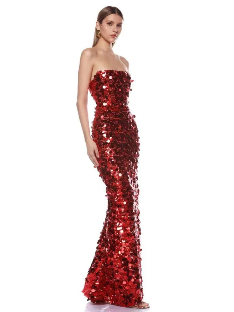 Red Strapless Sequin Gown with Sculpted Sheath Silhouette