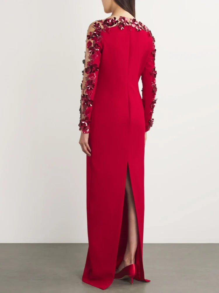 Red O Neck Flower Beaded Gown | Sequin Mesh Long Sleeve Party Dress