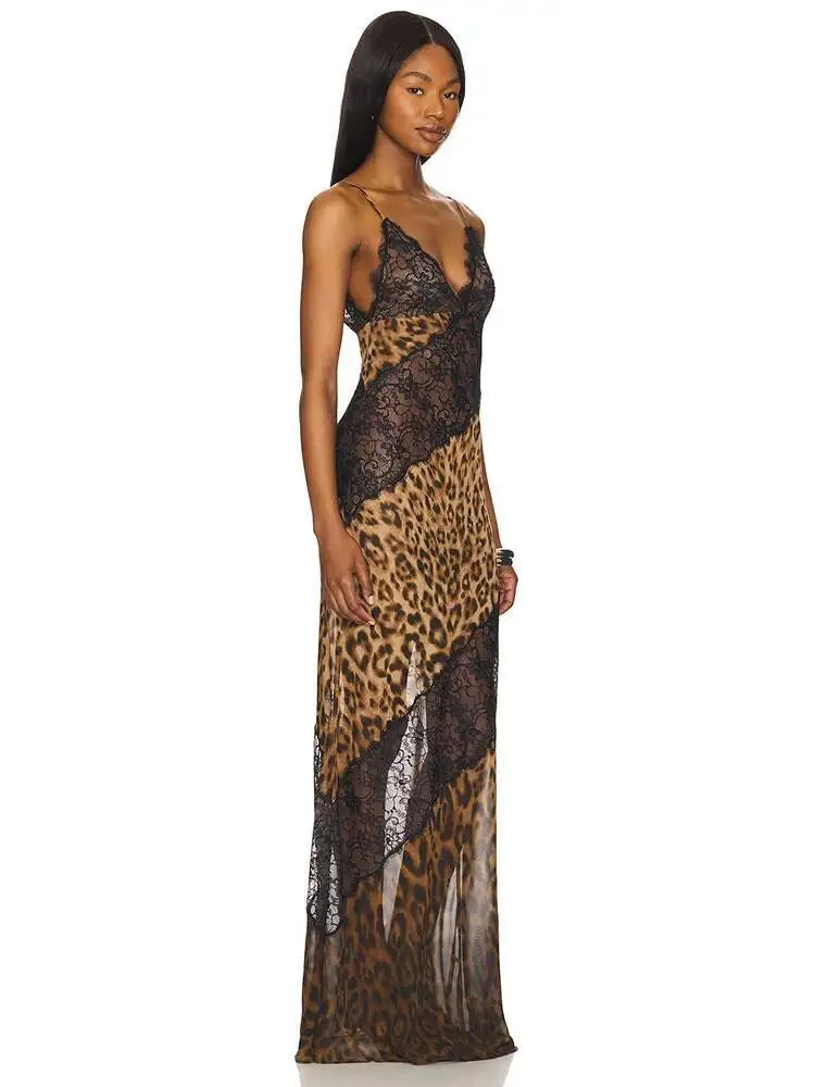 Leopard Print Spaghetti Strap Maxi Dress