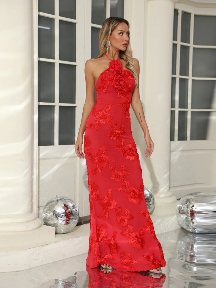 Red Halter Neck 3D Ribbon Flower Dress | Backless Floor Gown