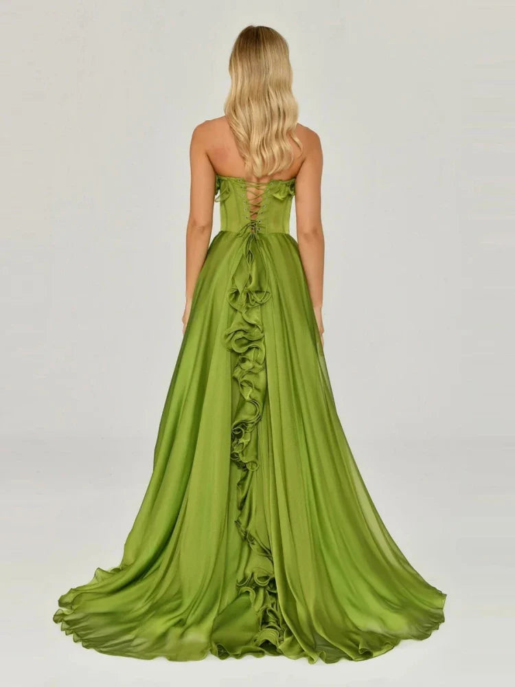 Strapless Ruffle Maxi Dress | Women’s Lace-Up Split Floor-Length Evening Gown