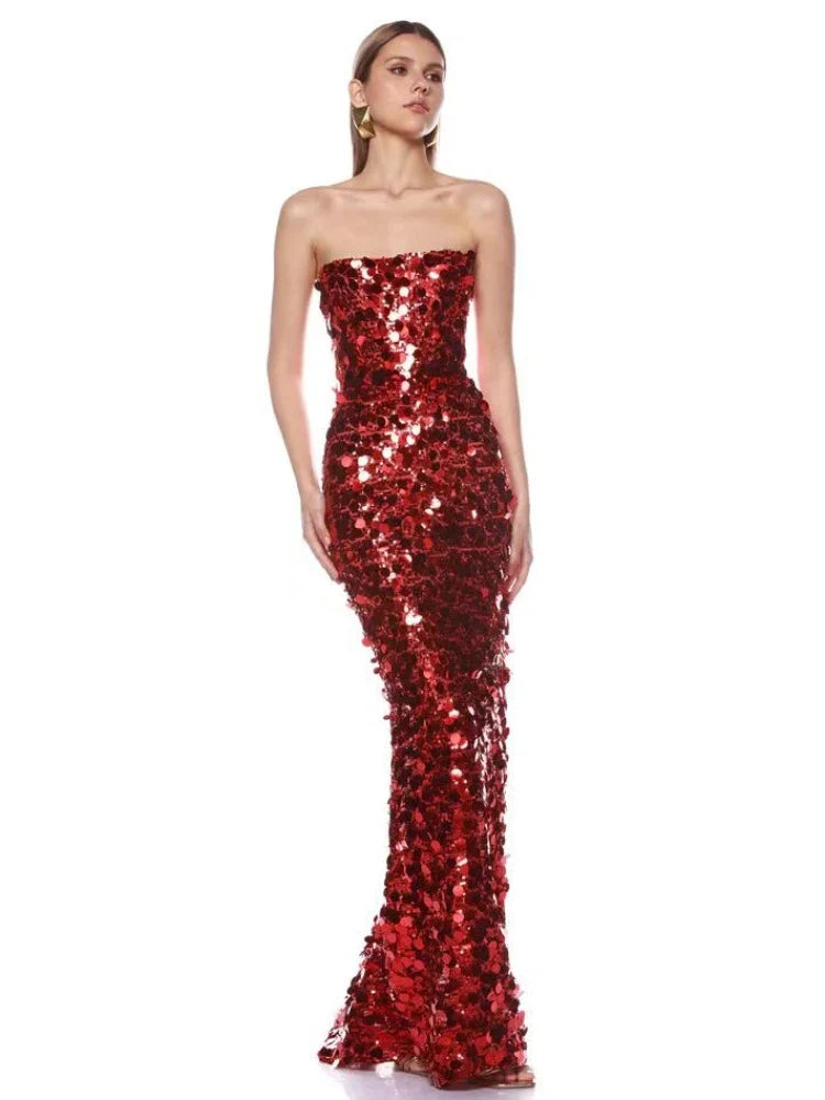 Red Strapless Sequin Gown with Sculpted Sheath Silhouette