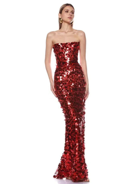 Red Strapless Sequin Gown with Sculpted Sheath Silhouette
