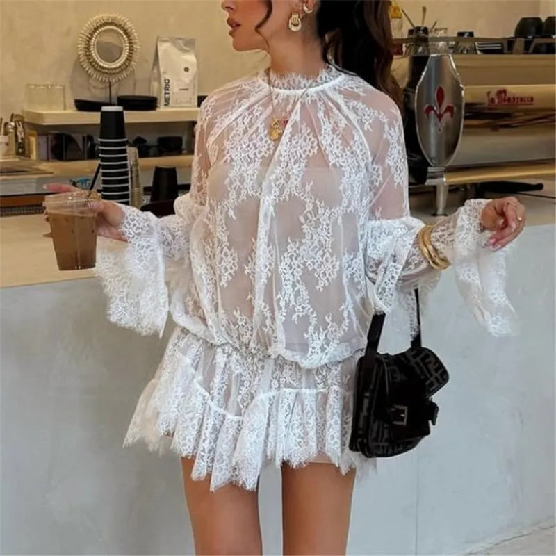 Sheer Lace Mini Dress | Long Sleeve Crew Neck Cover-Up