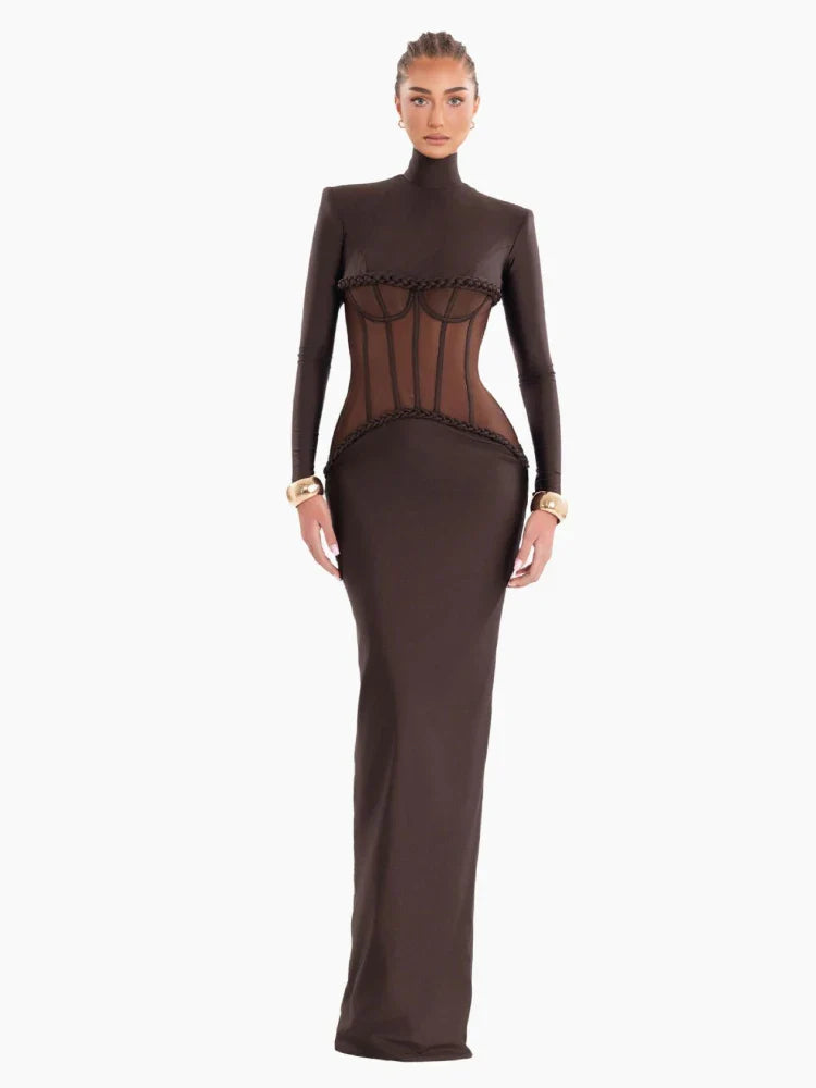 Sheer Mesh Turtleneck Maxi Dress | Hollow Out Bodycon Gown