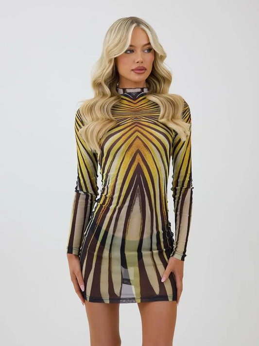 Psychedelic Print Sheer Turtleneck Mini Dress