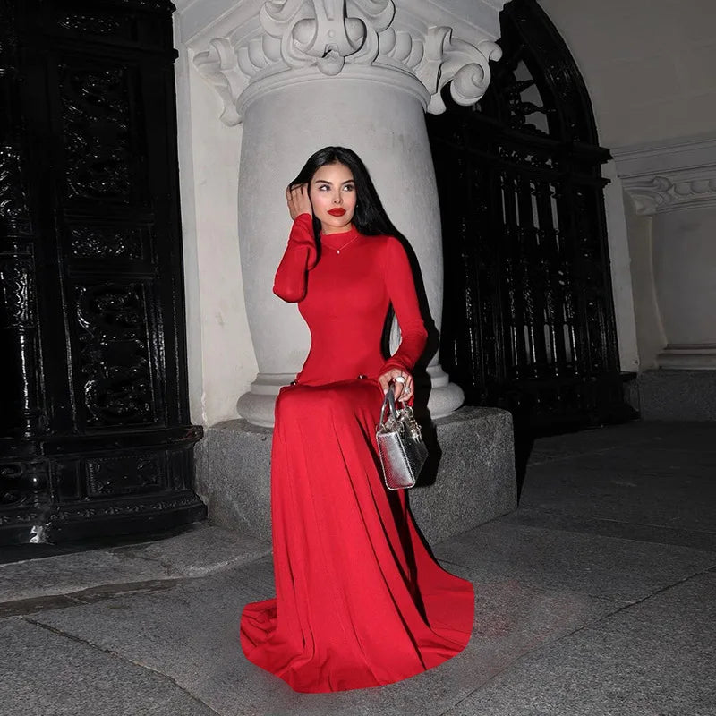 Elegant Red Long Sleeve Maxi Dress – Formal Party & Evening Gown