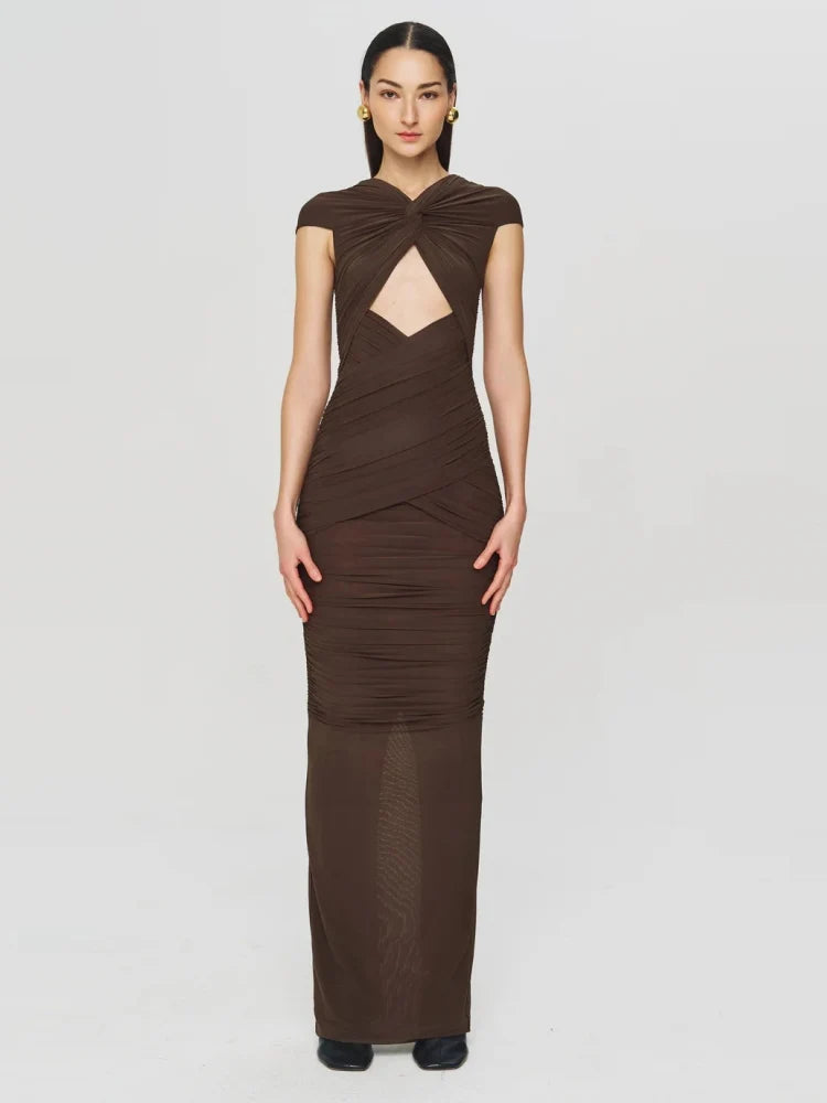 Brown Off Shoulder Hollow Out Evening Dress | V Neck Slim Party Gown