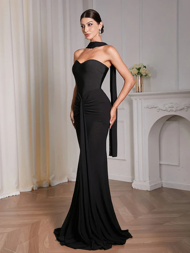 Black Strapless Draped Patchwork Maxi Dress