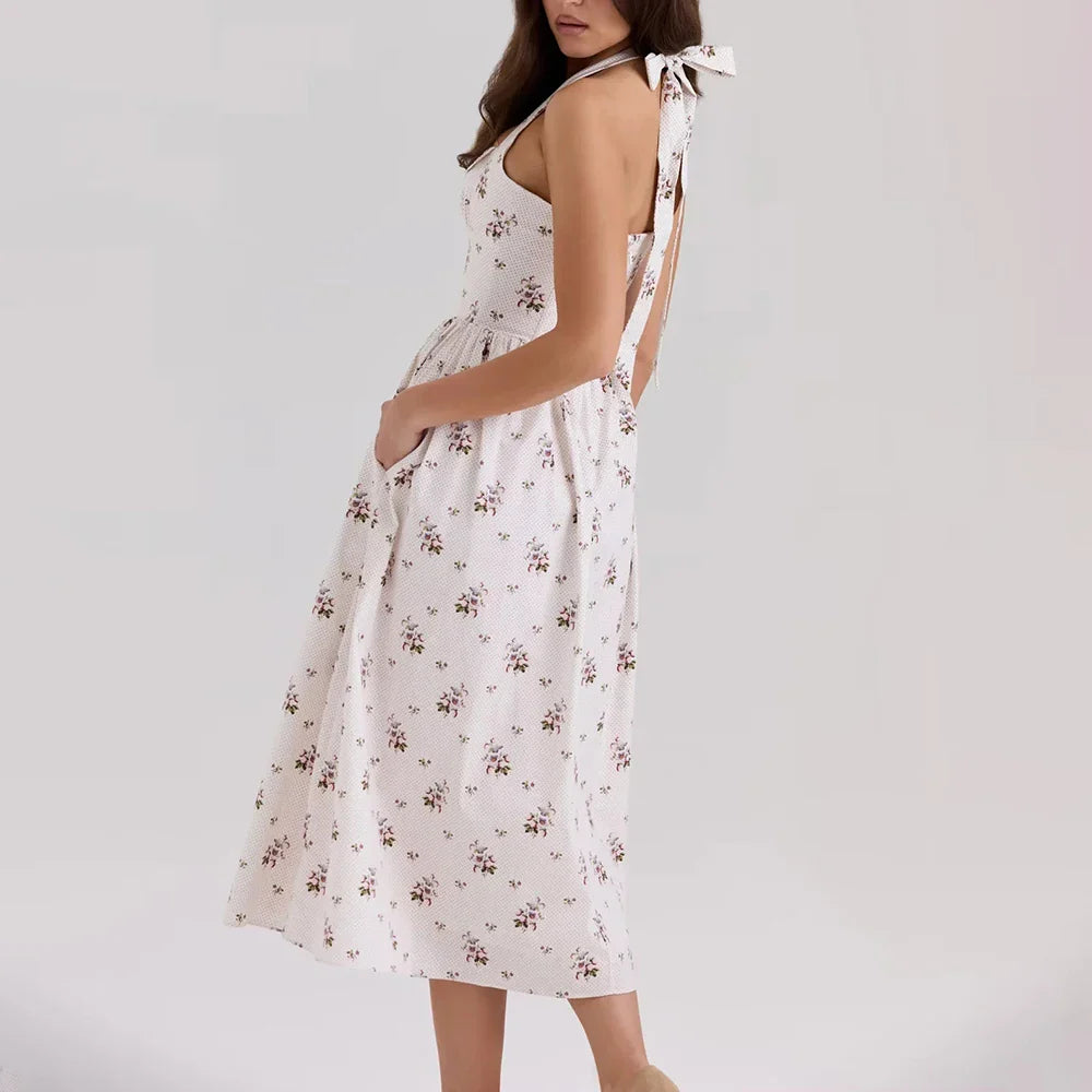 White Floral Lace-Up Square Neck Midi Dress