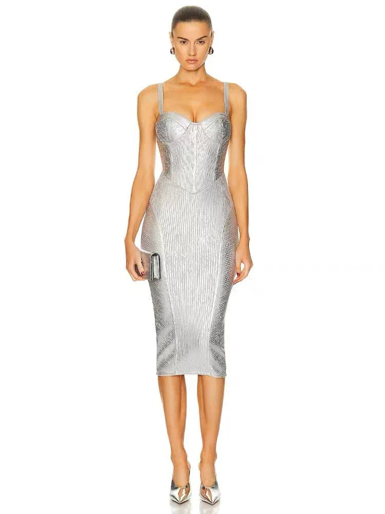 Silver Foil V Neck Bandage Dress | Spaghetti Strap Midi Gown