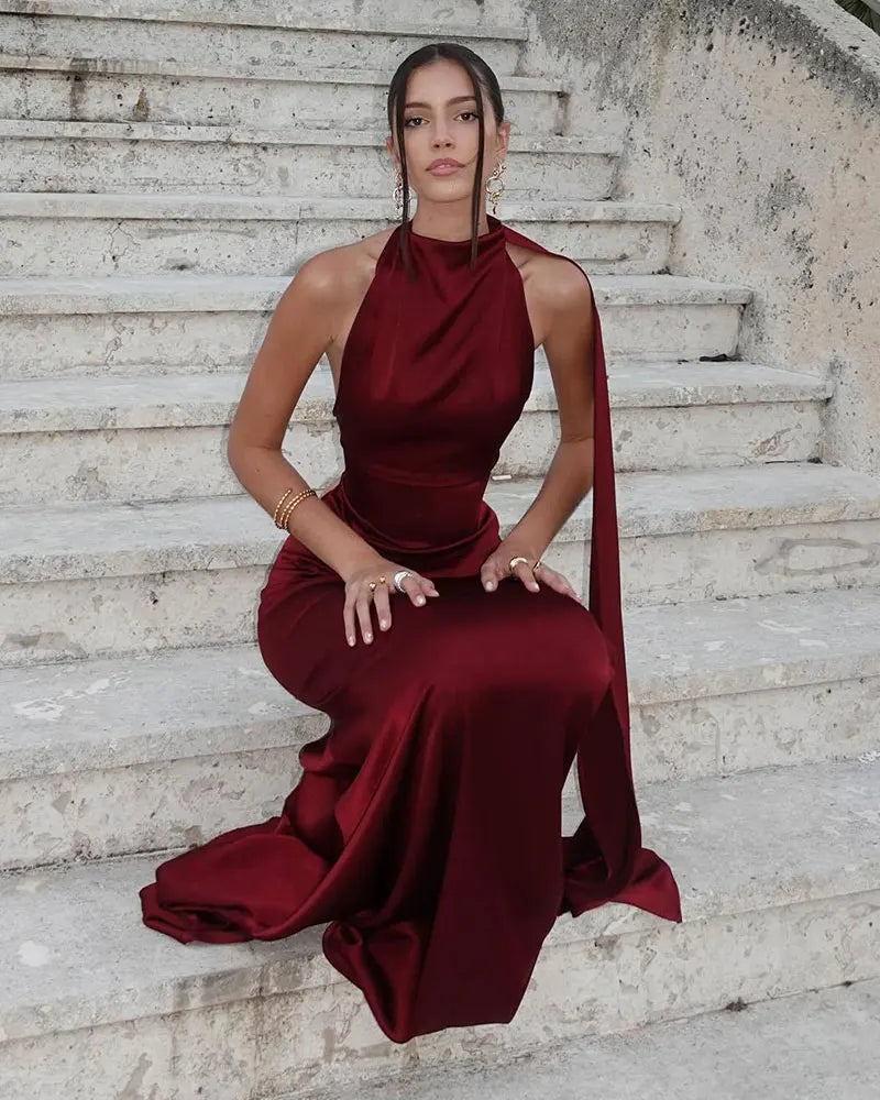 Burgundy Satin Halter Gown | Elegant Open-Back Evening Dress