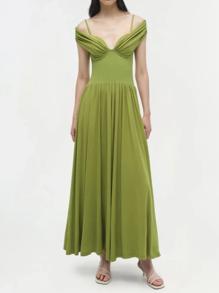 Green Off-Shoulder Pleated Maxi Dress | Elegant Evening & Cocktail Wear