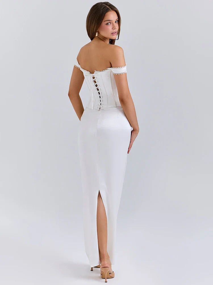 White Satin Off-Shoulder Gown | Backless Party Look