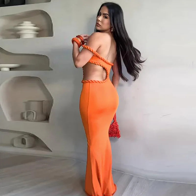 Off-Shoulder Orange Maxi Dress | Sleek Cut-Out Evening Look