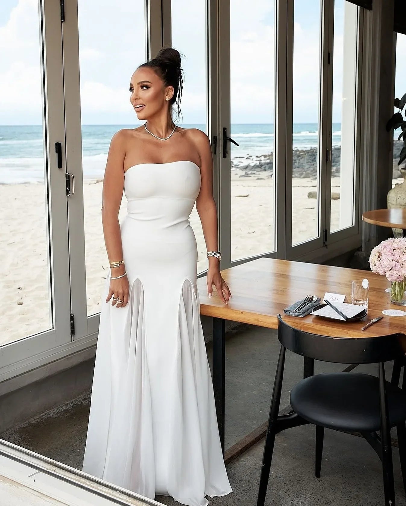 Black Strapless Fit & Flare Gown | Appliqued Empire Waist Maxi Dress