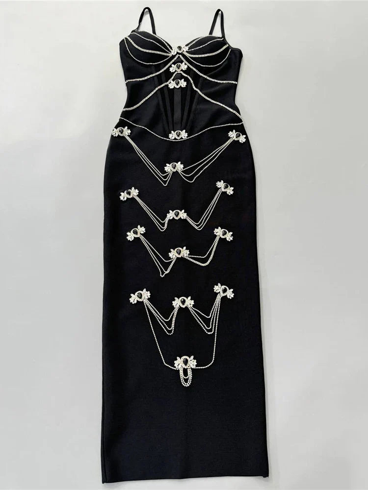 Black Crystal Bandage Mini Dress | Spaghetti Strap Bodycon