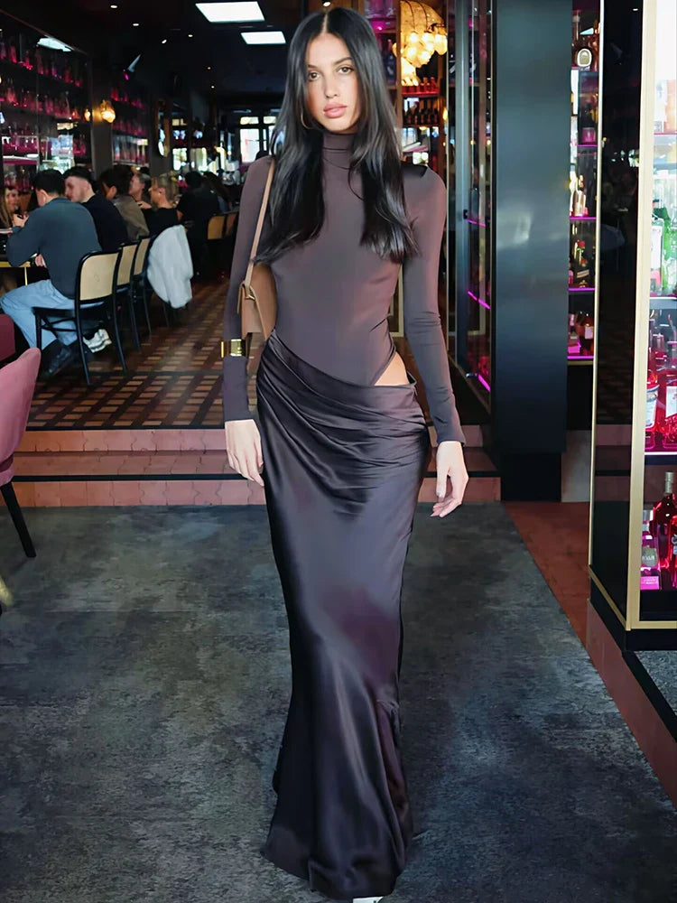 Turtleneck Ruched Maxi Dress | Sleek Fall Evening Look