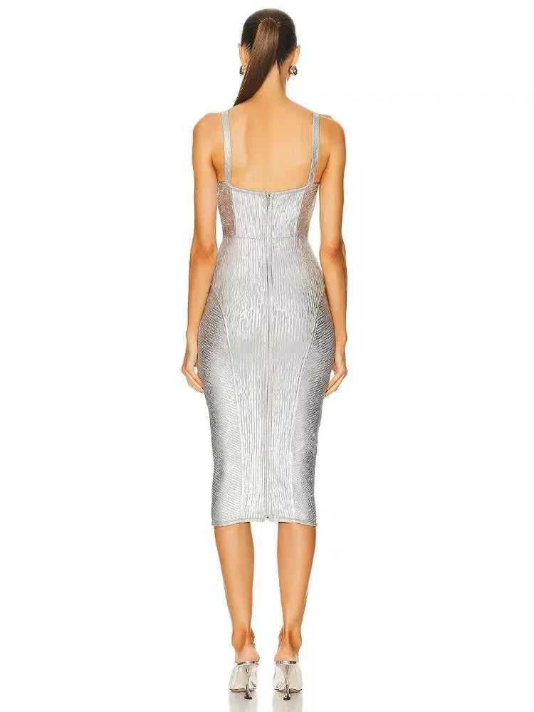 Silver Foil V Neck Bandage Dress | Spaghetti Strap Midi Gown