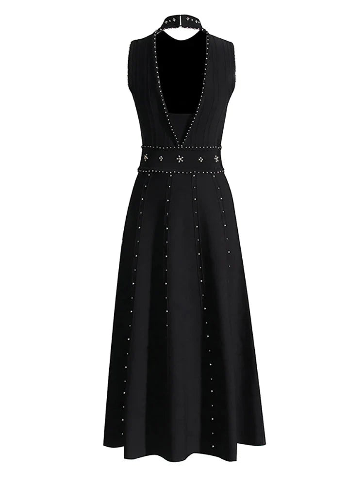 Black O Neck Beaded Backless Dress | Sleeveless Mid-Calf Gown