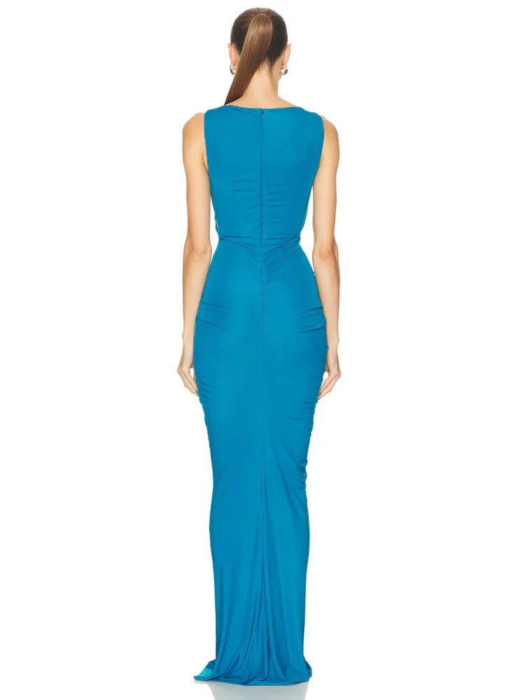 Blue Cut-Out Gathered Sheath Gown | Evening Statement Dress