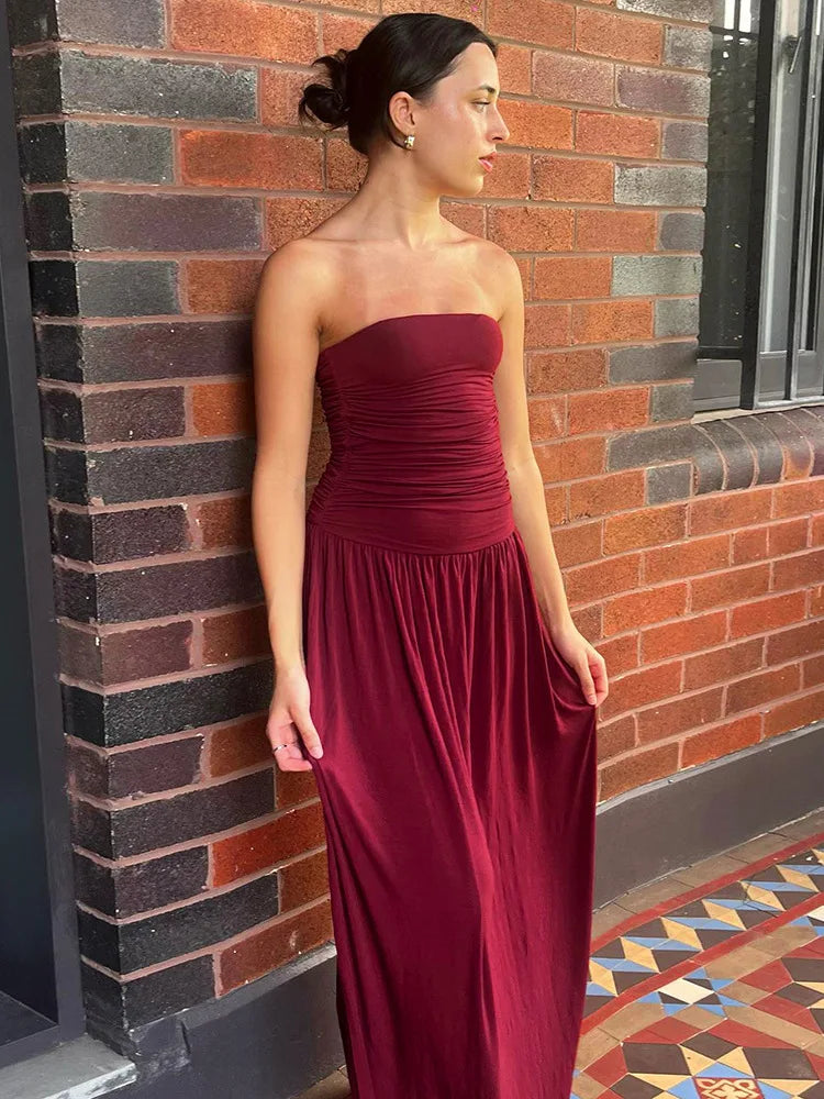 Burgundy Strapless Gown | Floor-Length Minimalist Evening Dress
