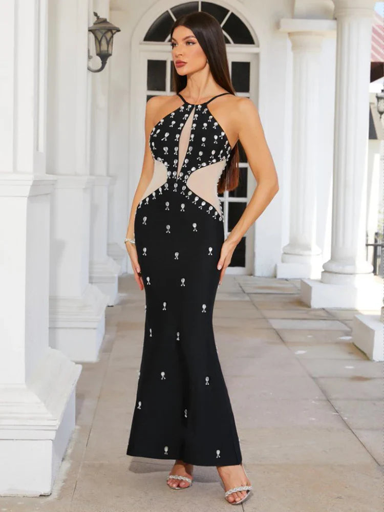 Black Diamonds Mesh Bandage Dress | Spaghetti Strap Luxury Gown