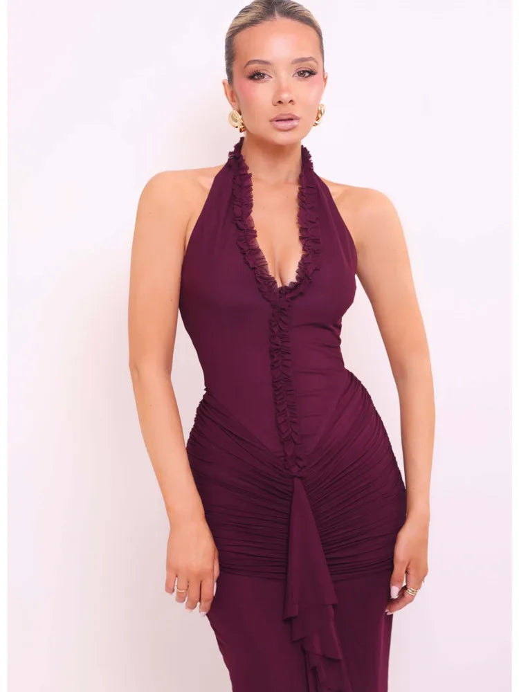 Frill Trim Ruffle Hem Halter Maxi Dress