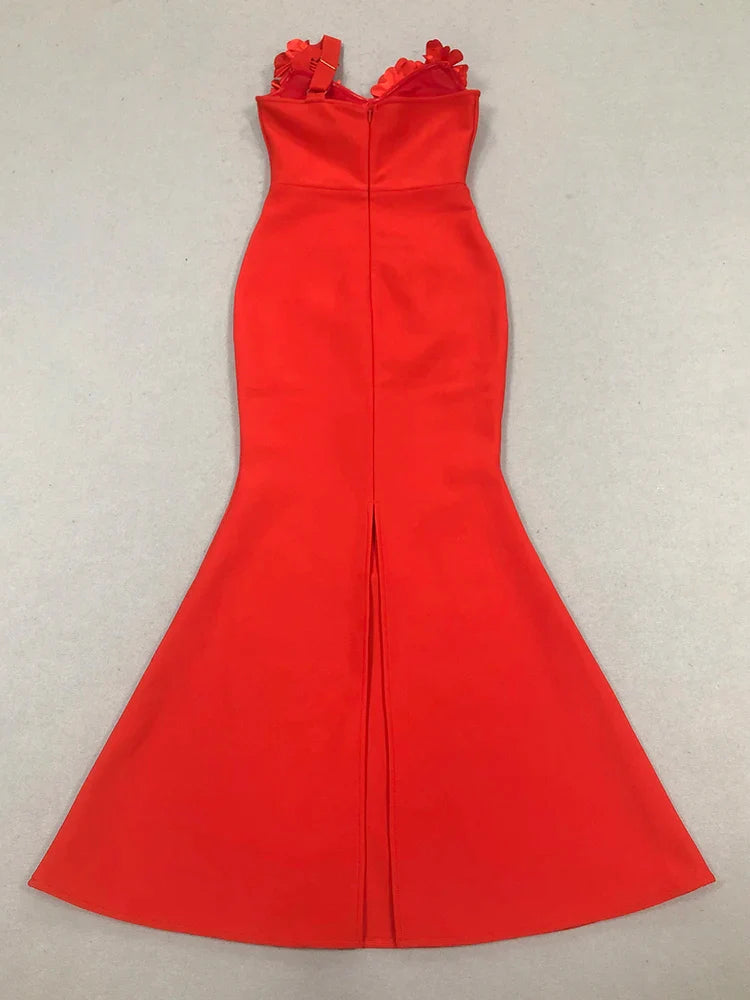 Red One Shoulder Floral Bandage Dress | Backless Bodycon Gown