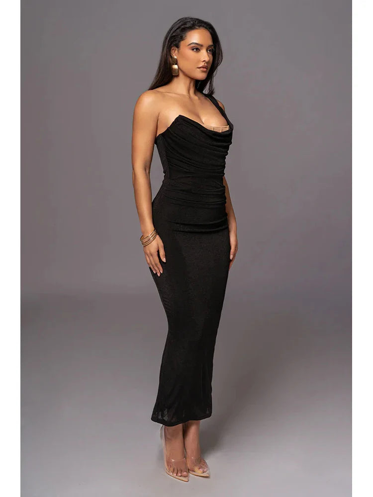 One Shoulder Mesh Bandage Dress | Black Bodycon Gown