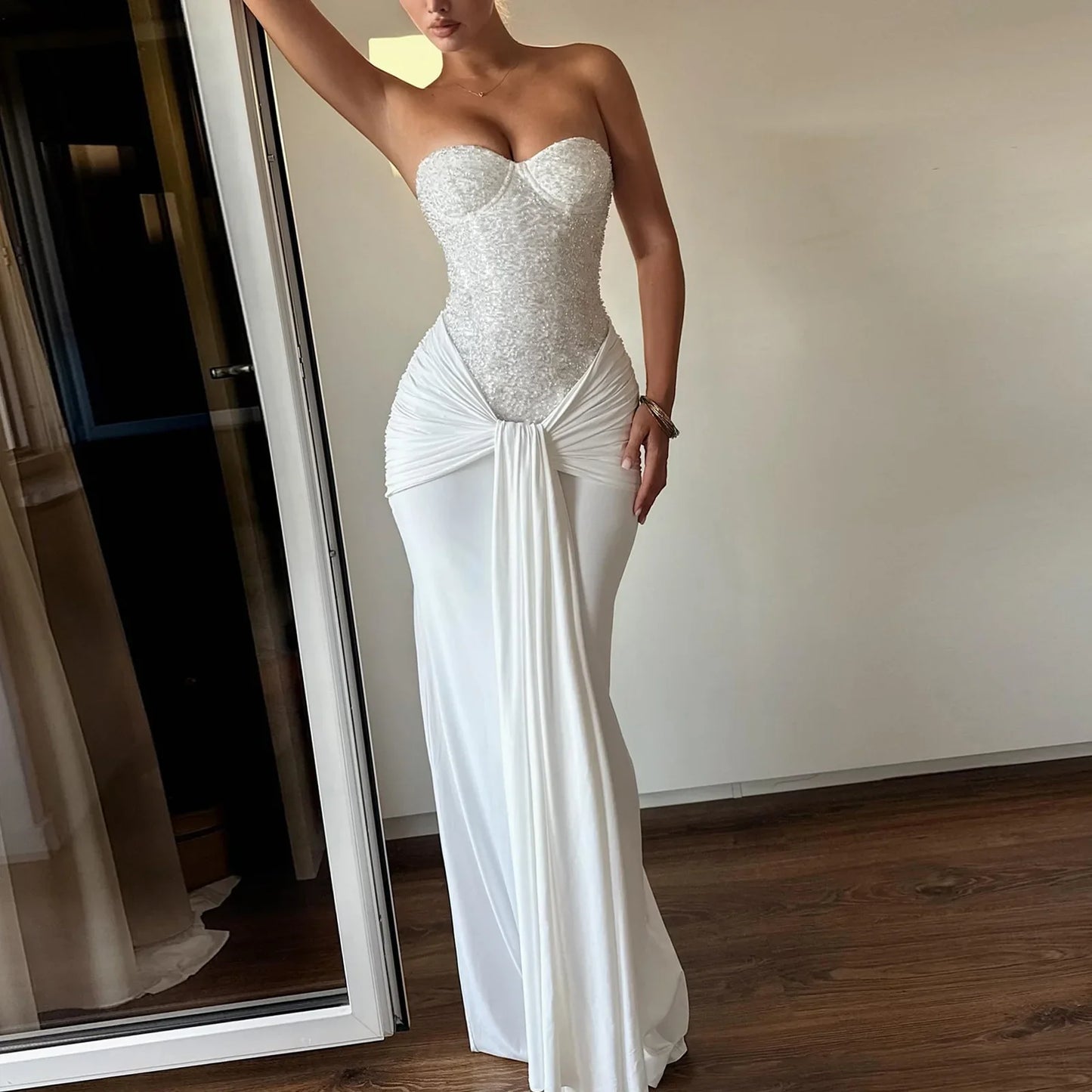 White Strapless Sequin Gown | Elegant Mesh Maxi Dress