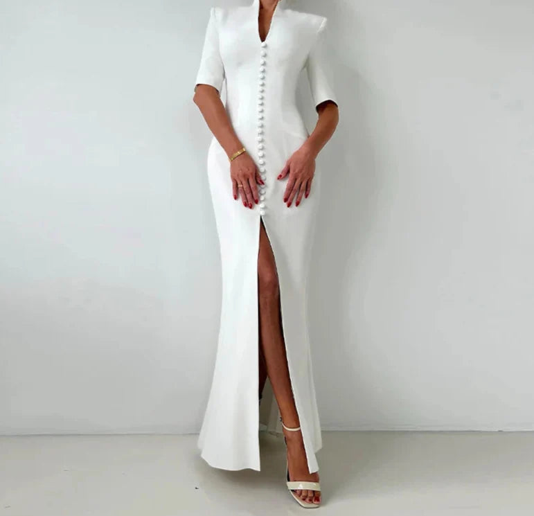 Chic  V-Neck Fishtail Dress – Shoulder Pad Slit Evening Gown
