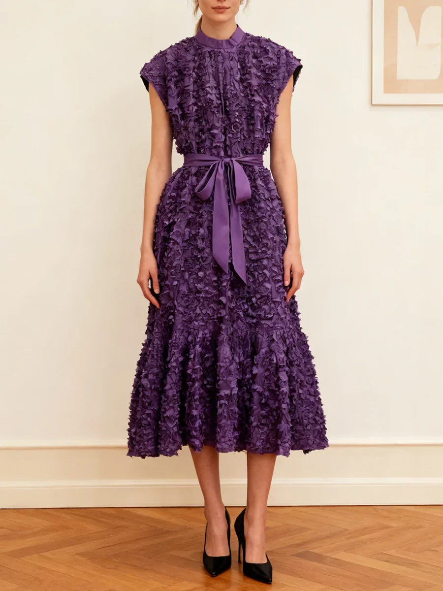 Purple Textured Belted Midi Dress | Sleeveless 3D Floral Look