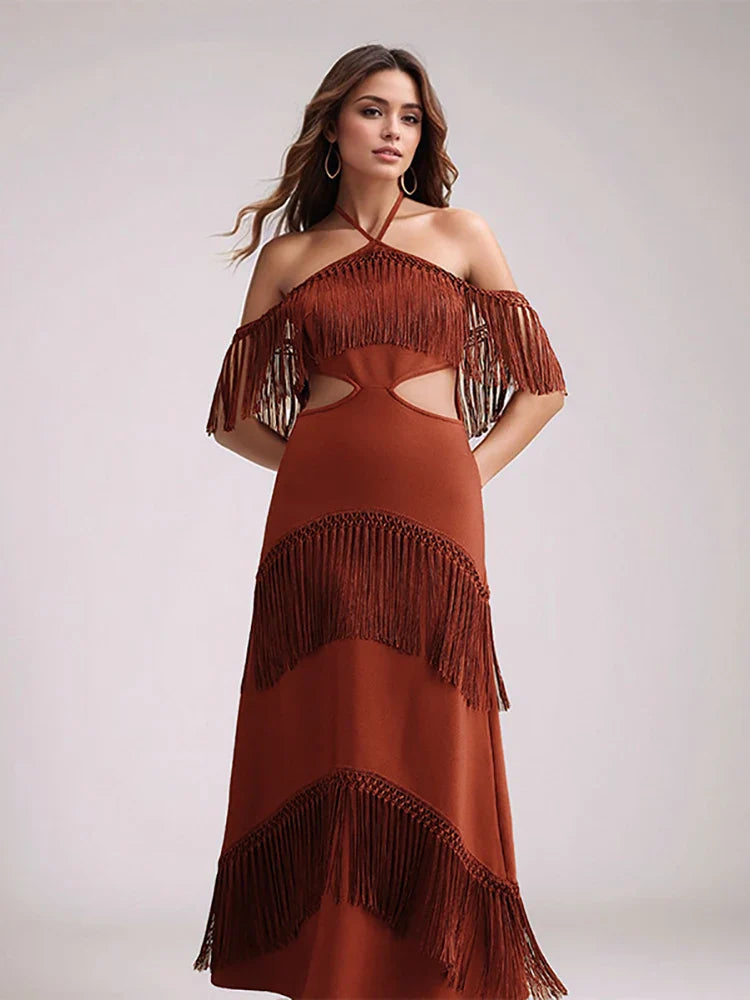 Fringe Halter Hollow Out Bandage Dress | Sleeveless Tassel Evening Gown