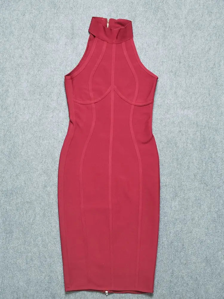 Sleeveless Wine Red Turtleneck Bandage Midi Dress | Sculpted Fit