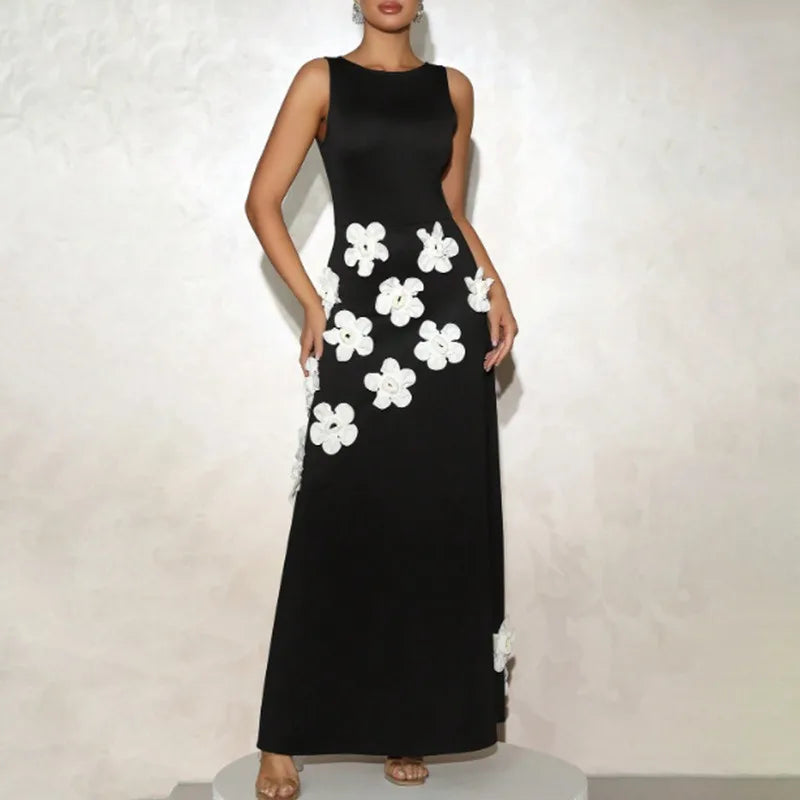 White Floral Embroidered Maxi Dress | Black 3D Flower Detail