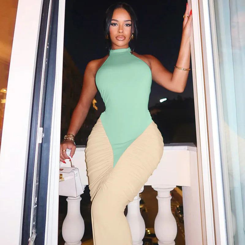 Halter Backless Maxi Dress | Ruched Patchwork Sheath Gown