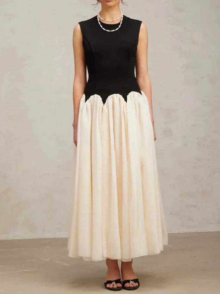 Black Beige Color Block Patchwork Dress | O Neck A-Line Gown