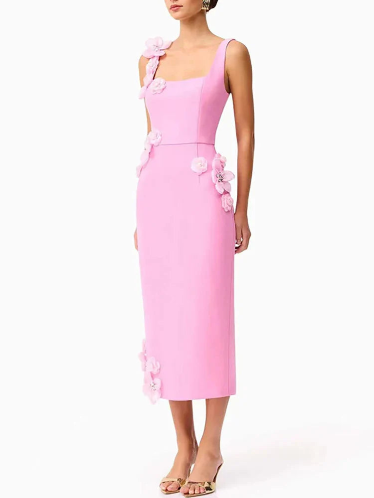 Square Neck Floral Bodycon Dress | Sleeveless Mid-Calf Gown