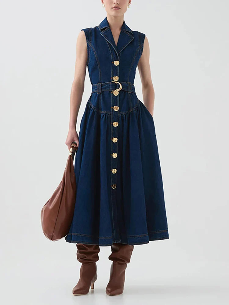 Sleeveless Navy Belted Midi Dress | Chic Gold Button Detail