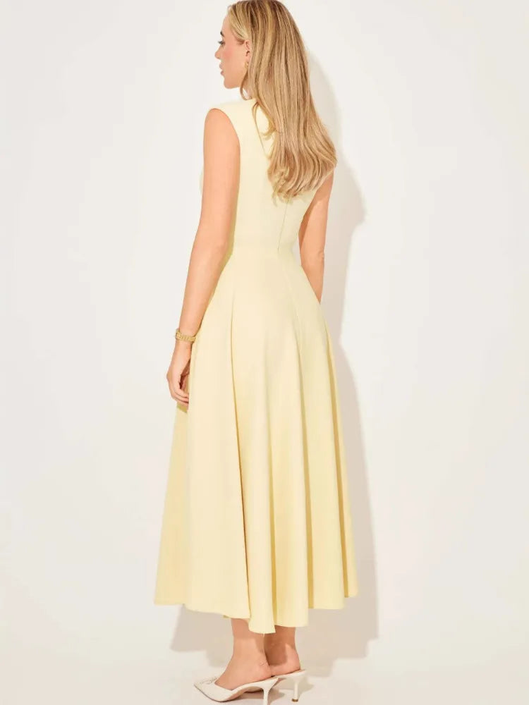 Light Yellow A-Line Maxi Dress | Sleeveless O-Neck Elegant Gown