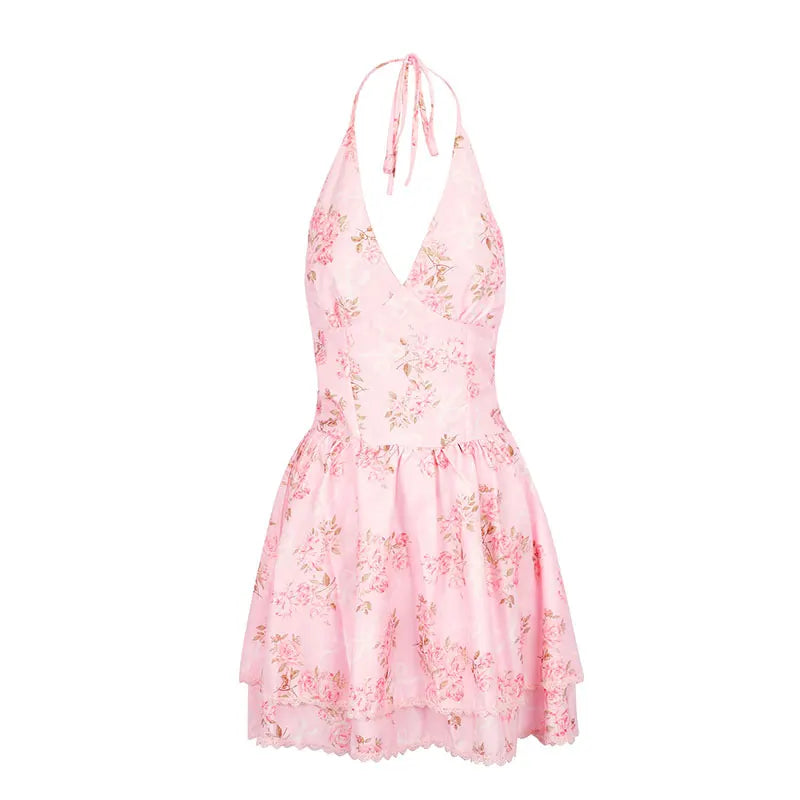 Pink Floral Backless Mini Dress | Flirty Halter Summer Style