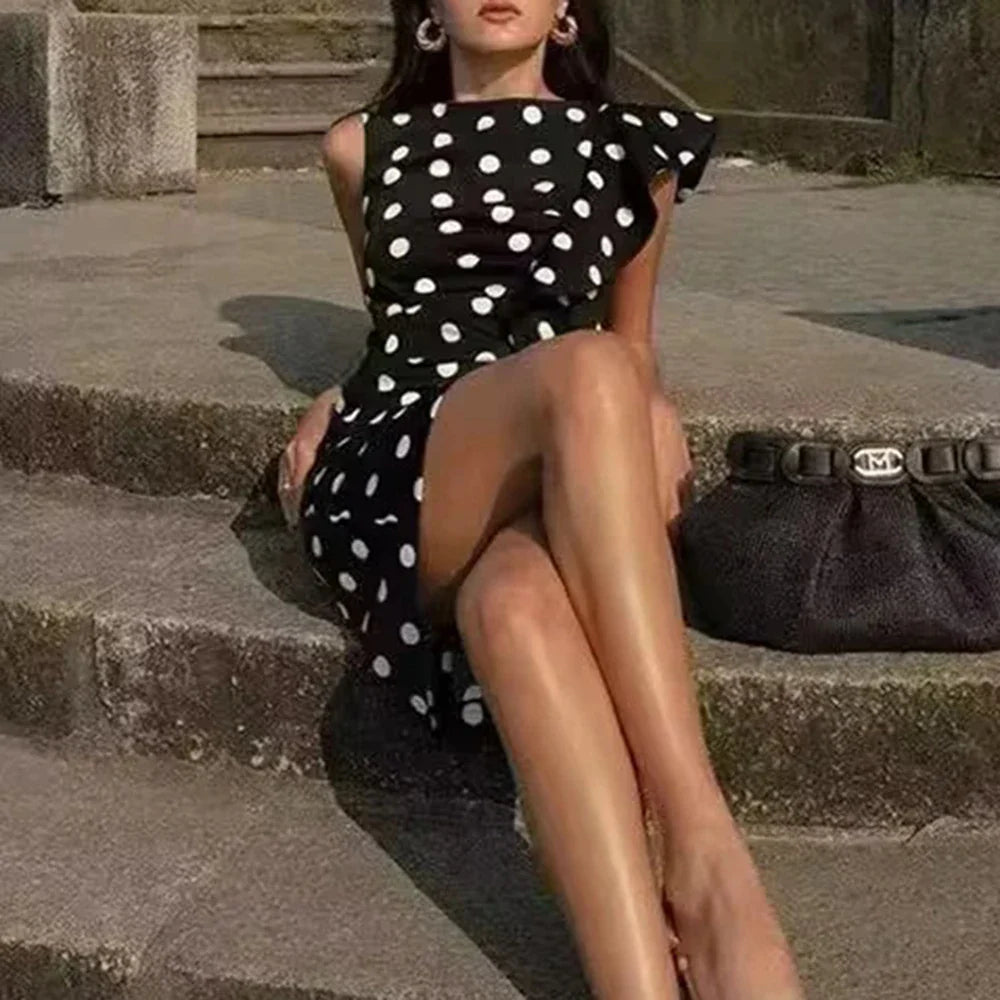 Black Polka Dot Mini Dress | Sleeveless High-Waist Summer Classic