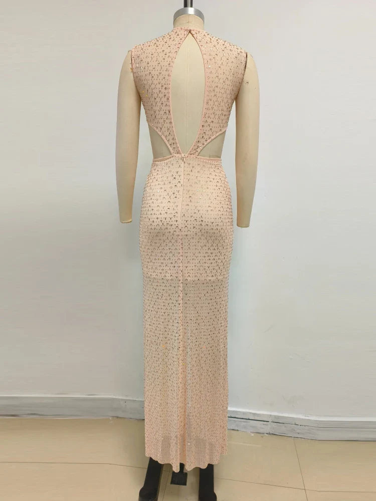 Apricot Mesh Diamond Bodycon Dress | O-Neck Sleeveless Gown