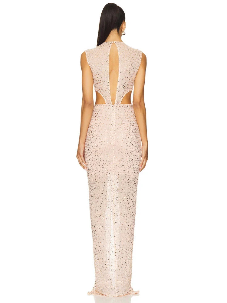 Apricot Mesh Diamond Bodycon Dress | O-Neck Sleeveless Gown