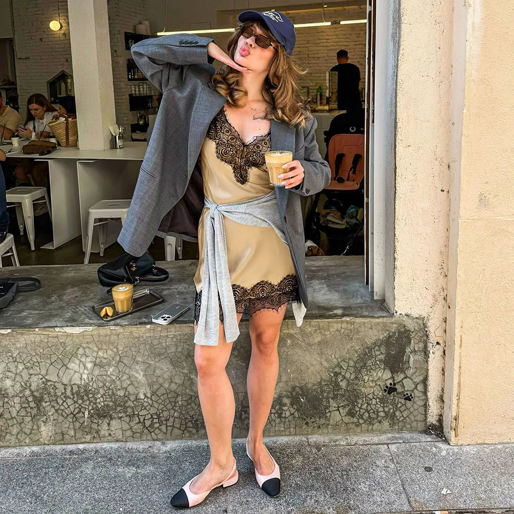 Lace Patchwork Mini Dress | V-Neck High-Waist Party Dress